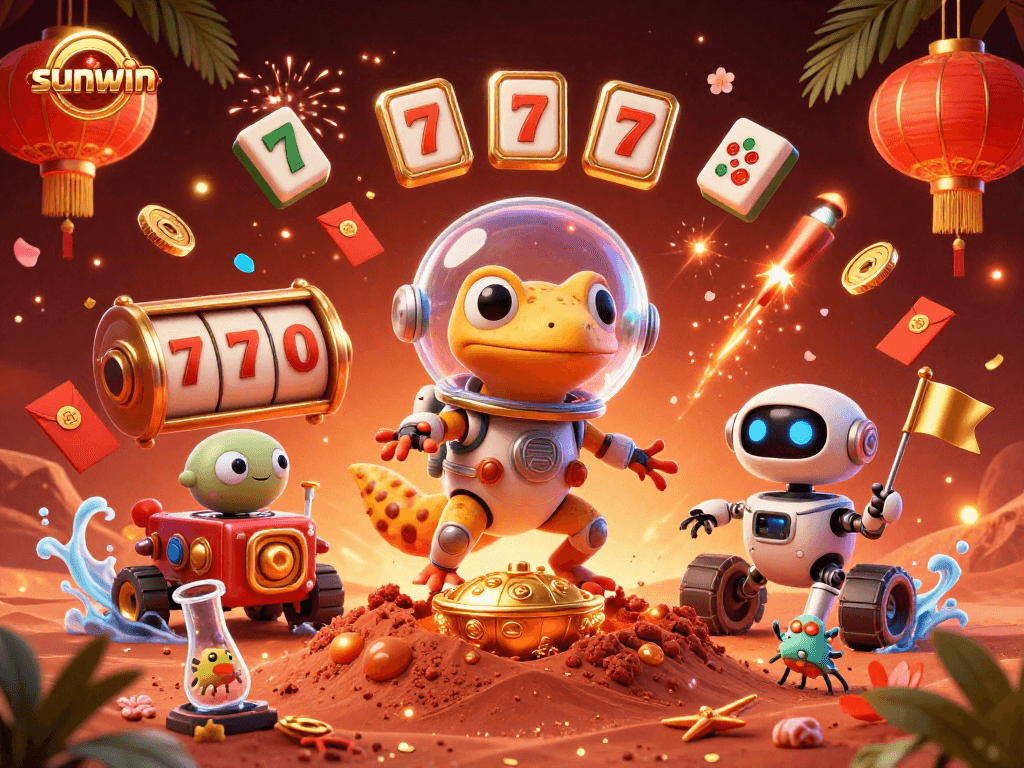 Engage with the vibrant sunwin casino scene showcasing an adventurous Martian gecko and treasures.