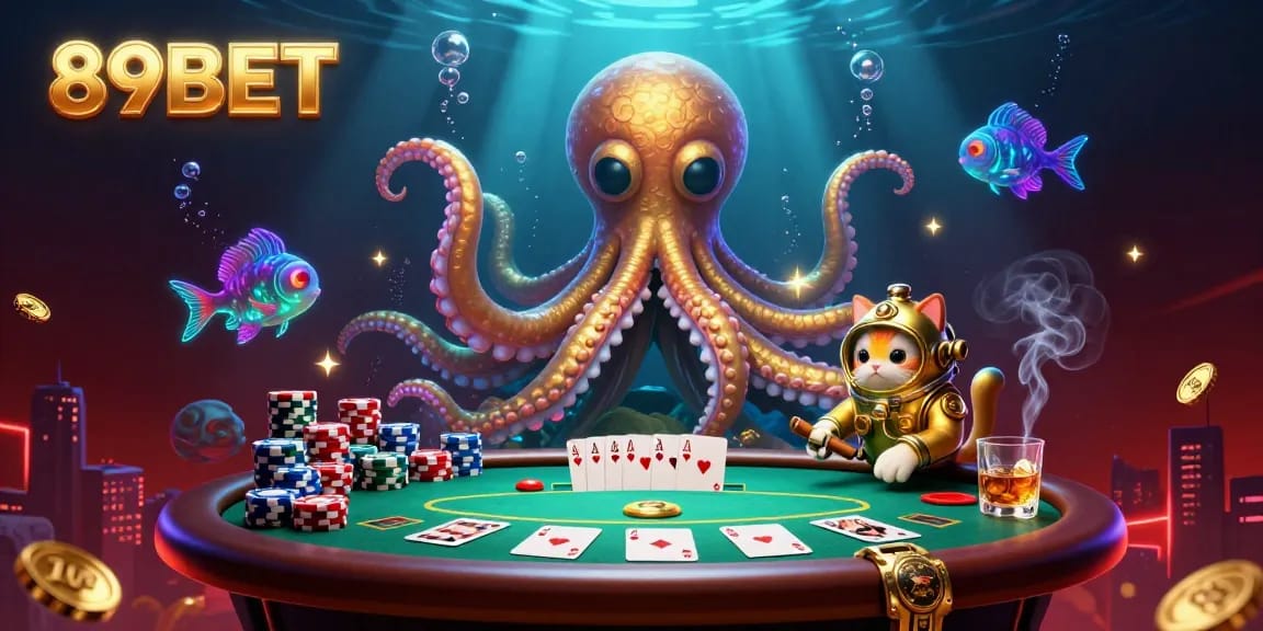 Experience thrilling gameplay at 89BET with vibrant illustrations of poker elements and a diving cat.