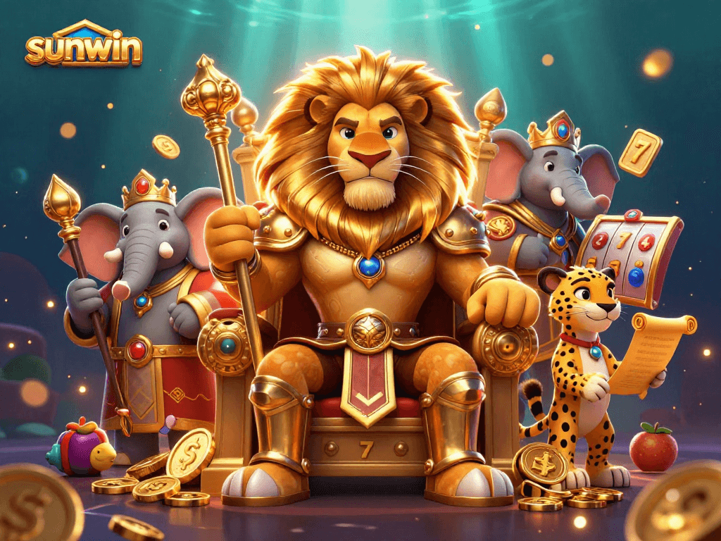Join the excitement at sunwin with a fierce lion king surrounded by vibrant casino elements and characters.