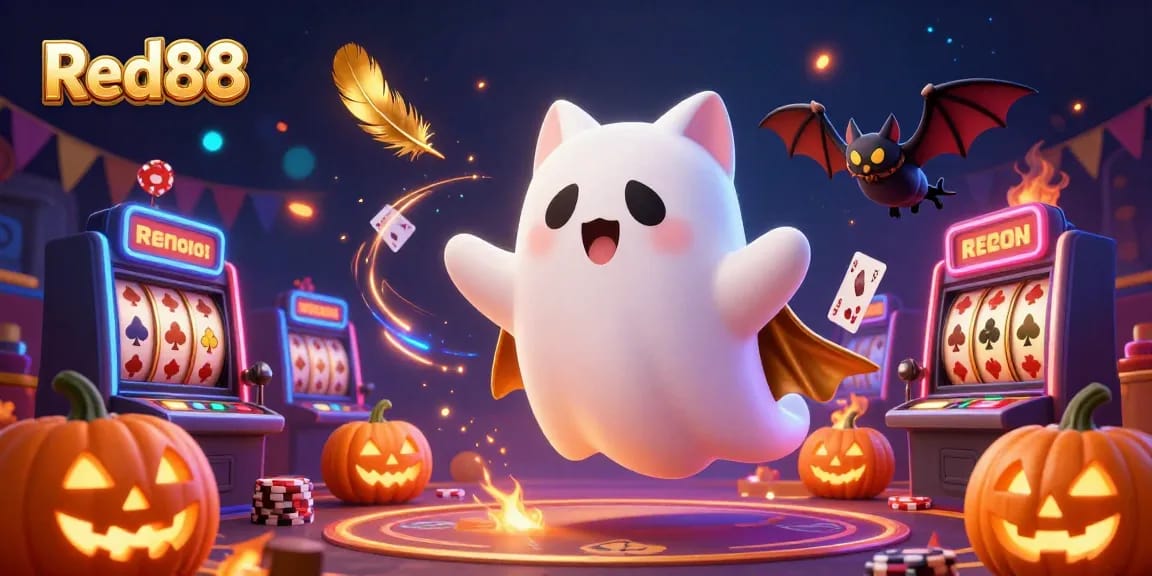 Engage with thrilling slot experiences at Red88, featuring a friendly ghost cat and vibrant casino elements.