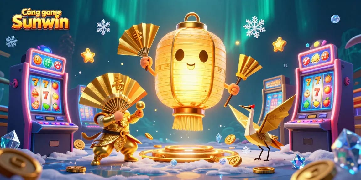 Engage with Cổng game Sunwin through a vibrant 3D illustration of a golden lantern spirit and gaming elements.