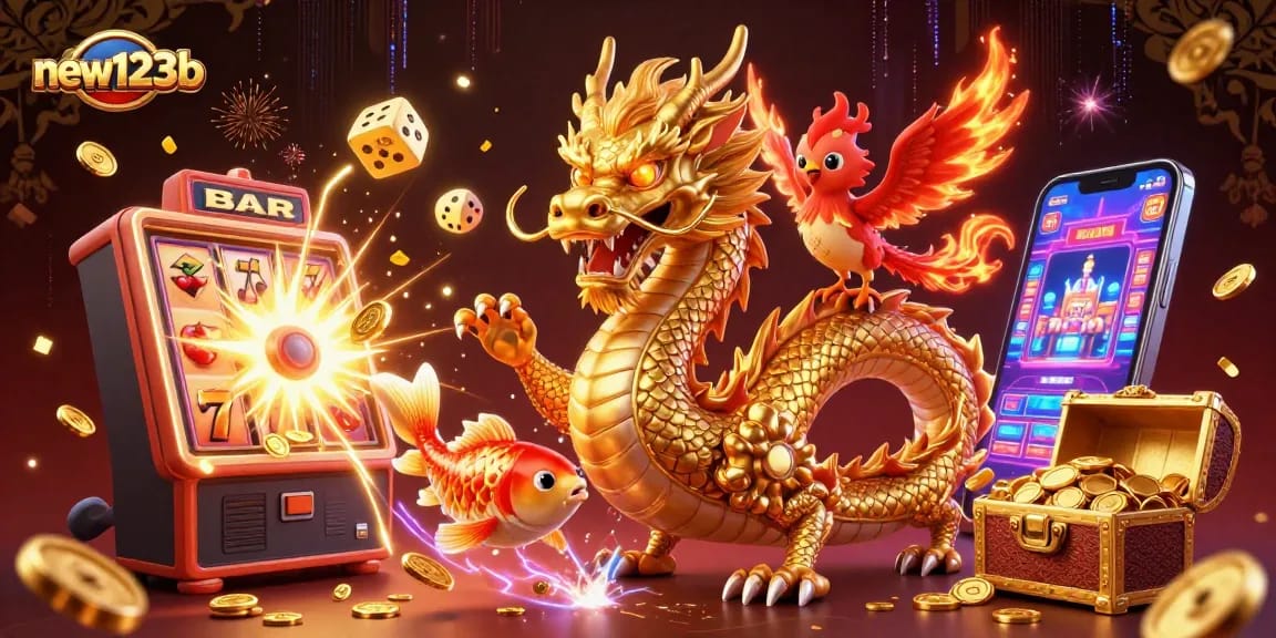 Experience the thrill of winning at new123b with vibrant 3D casino elements, including a golden dragon and jackpot slots.