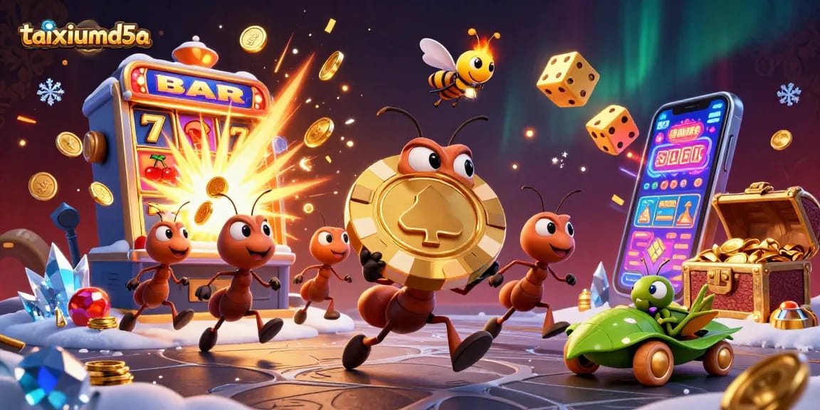 taixiumd5a ants executing a heist with a golden poker chip amidst a lively casino scene