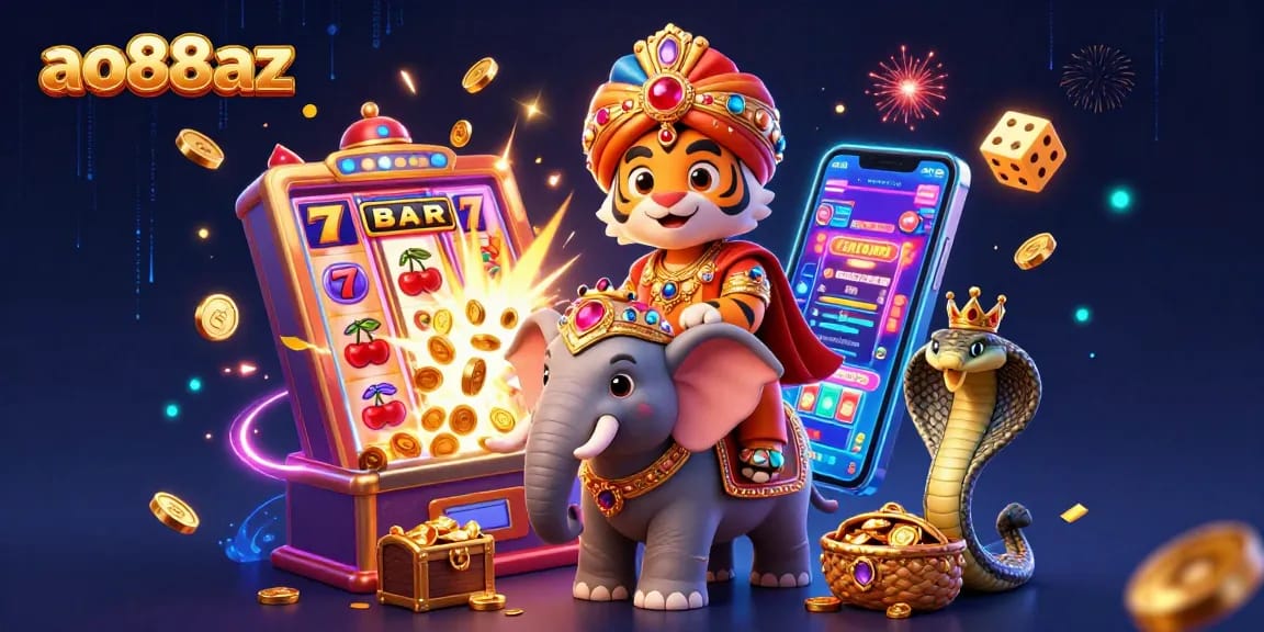 Experience thrilling action at ao88az with our vibrant casino scene featuring a majestic tiger and a jackpot explosion!