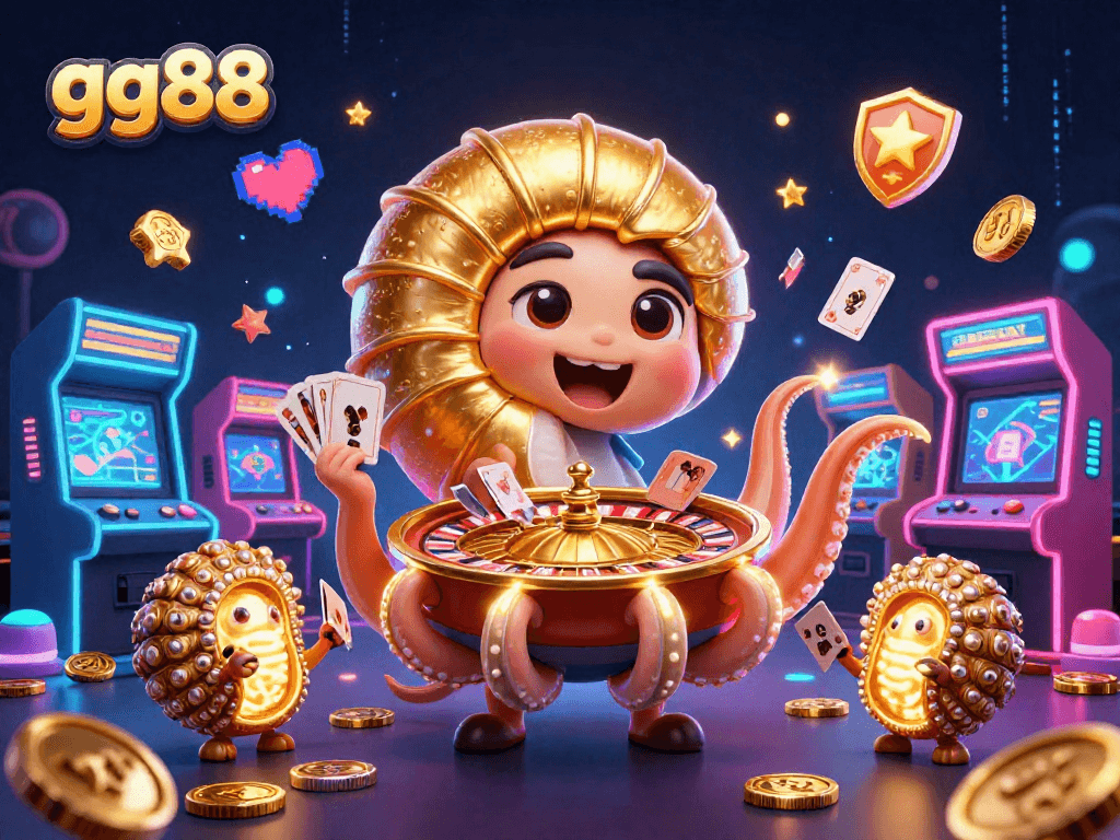 Experience thrilling casino action with gg88, featuring a giant nautilus holding cards and arcade elements.