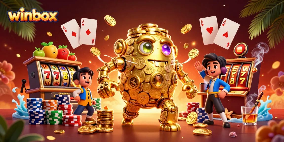 Winbox gaming experience with a golden golem, colorful chips, and vibrant slot machine elements.