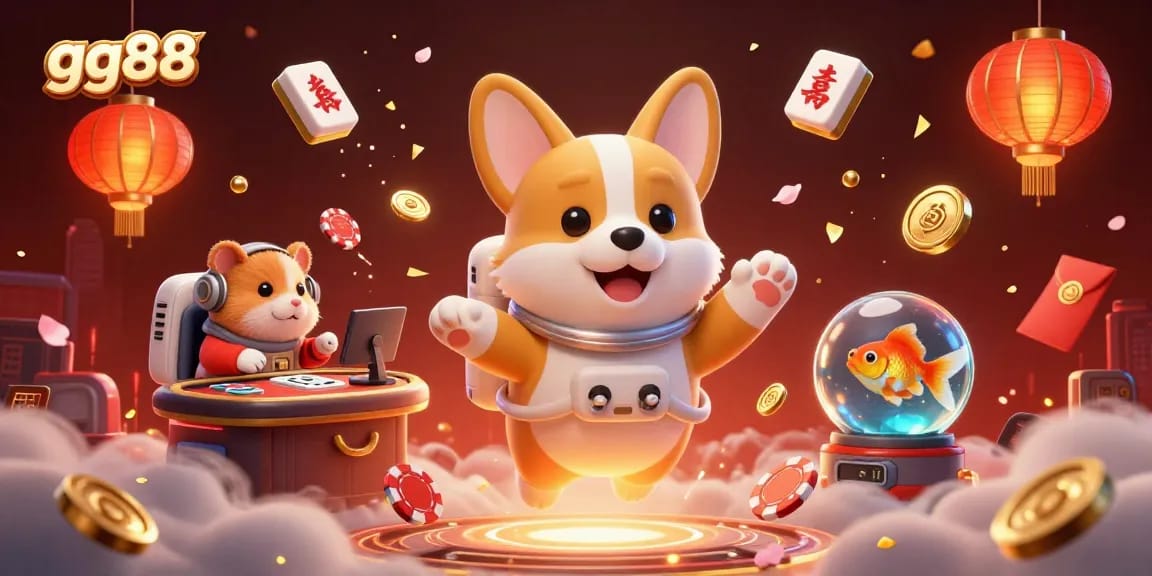 Experience thrilling gaming moments at gg88 with a floating astronaut corgi amidst vibrant casino elements.