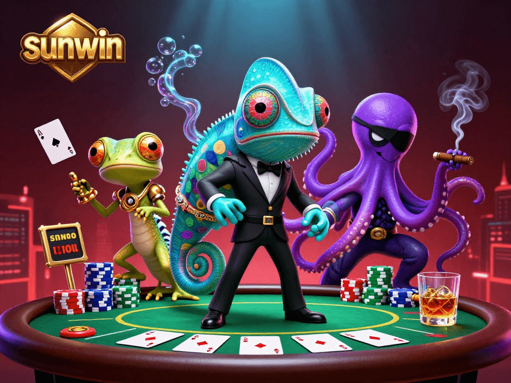 Engage in thrilling poker at sunwin with colorful characters and vibrant casino elements.