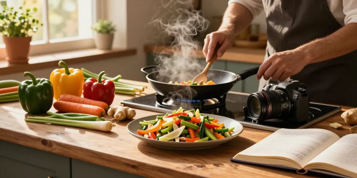 Engaging kitchen scene with ginger and lemongrass in vegetable stir-fry, showcasing fresh ingredients and cooking action.
