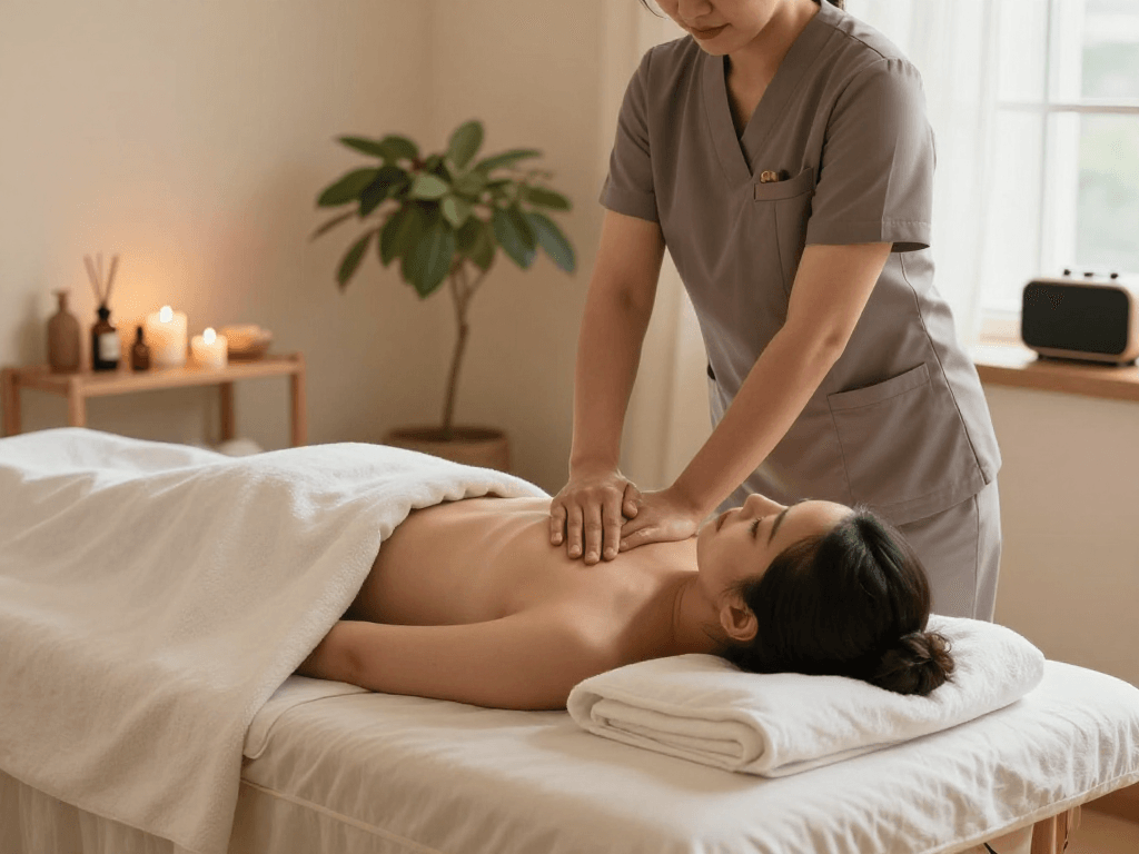 Experience 출장안마 in the comfort of home with a professional therapist creating a serene atmosphere.