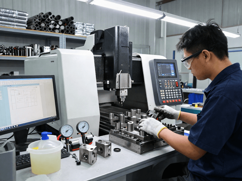 cnc stainless steel parts suppliers technician operating CNC machine for precision manufacturing
