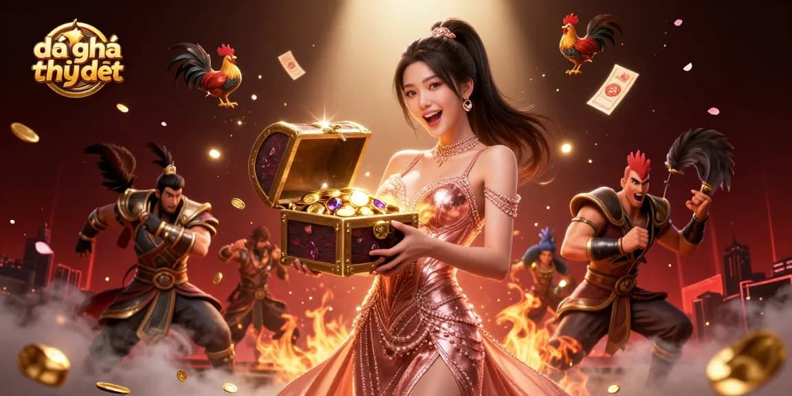 Engage in đá gà trực tiếp with thrilling elements from our vibrant gambling scene featuring an excited woman revealing treasures.