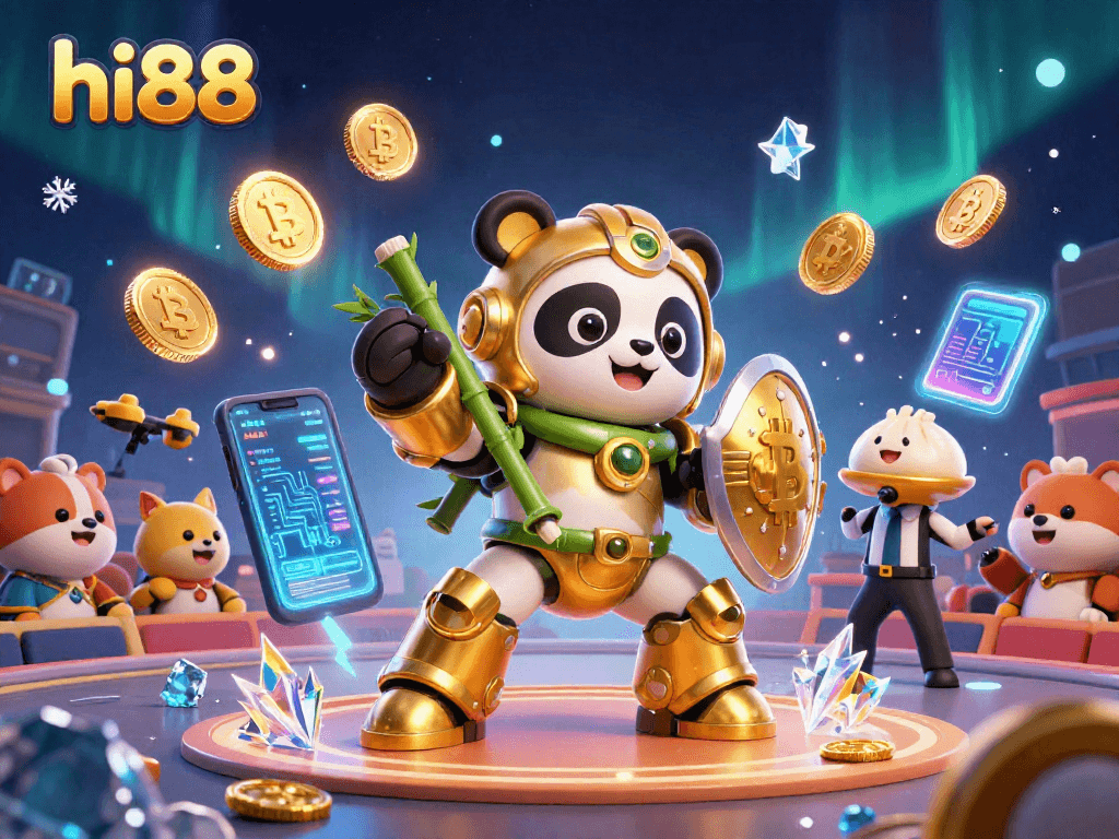 Experience thrilling games at hi88 with a mech-suit panda battling in a magical arena full of crypto elements.