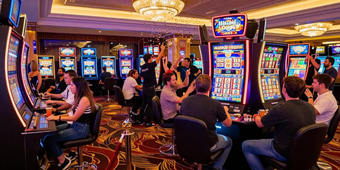 Slot jackpot excitement on a lively casino floor with diverse players celebrating wins.