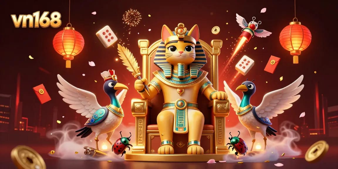 Experience vn168 with a vibrant 3D illustration of gambling elements and Egyptian themes.