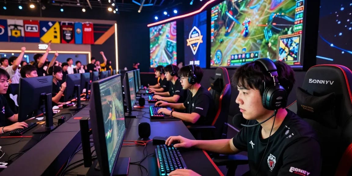 Suasana kompetisi esports bos88 yang energik dengan gamer antusias di arena.