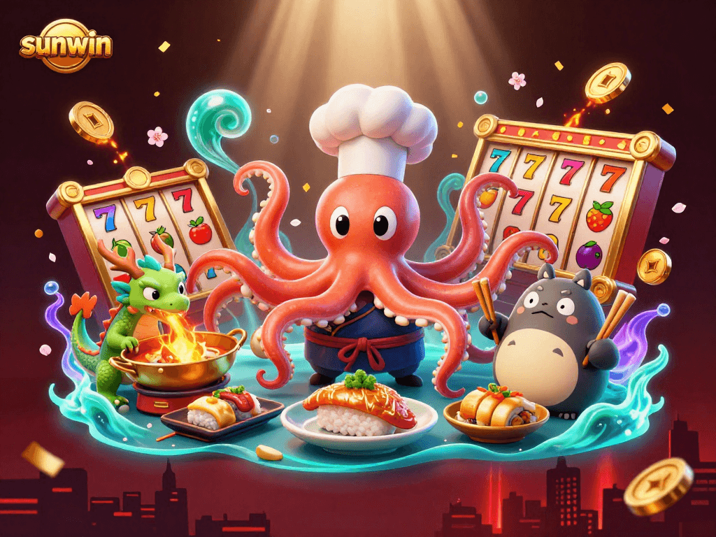 Engage with sunwin's vibrant online casino scene featuring a sushi chef octopus and magical dragon.