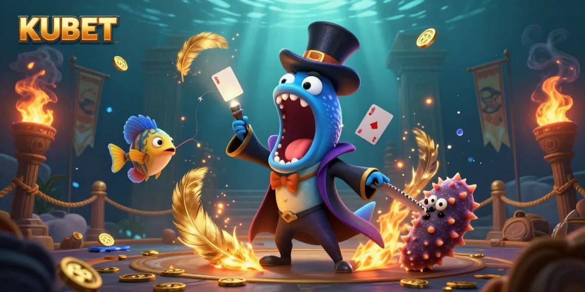 KUBET features an engaging 3D illustration of a deep-sea gambling scene with vibrant creatures and casino elements.