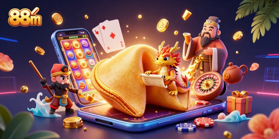 Engage with the vibrant 88m casino world, featuring a golden fortune cookie, dragon, and gaming elements.