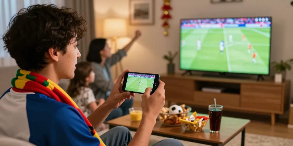 Fan enjoying live sports streaming on ihdsports.com in a lively home setting.