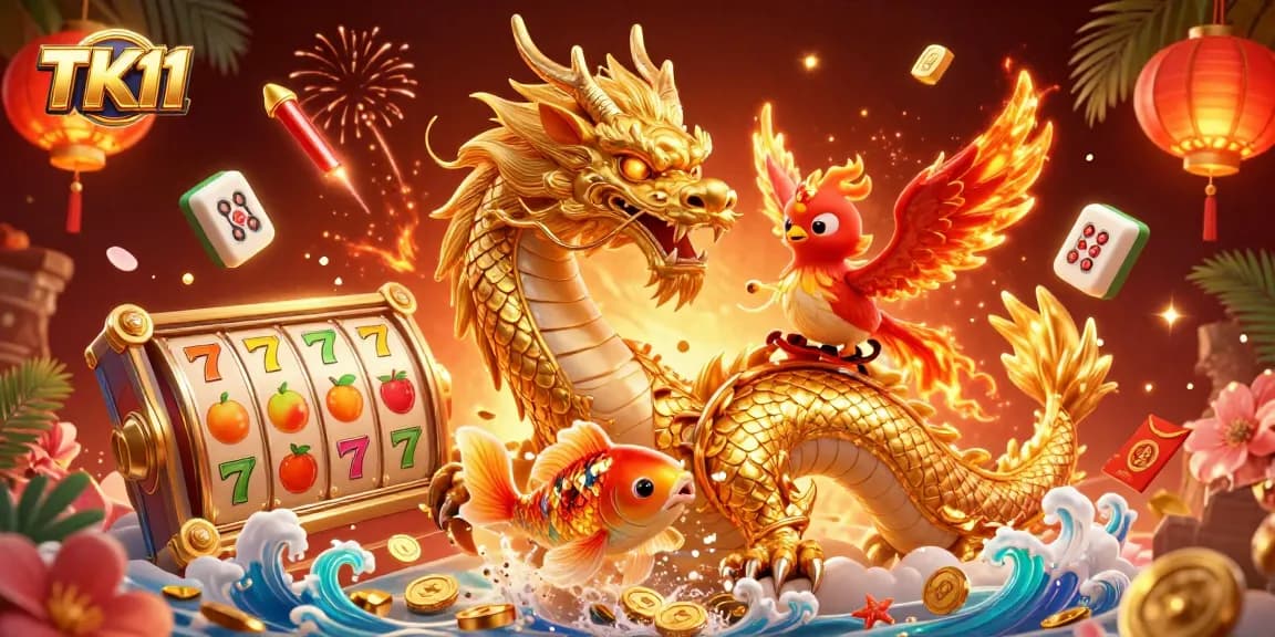 Experience thrilling adventures in TK11 casino with a golden dragon, koi fish, and animated game symbols.