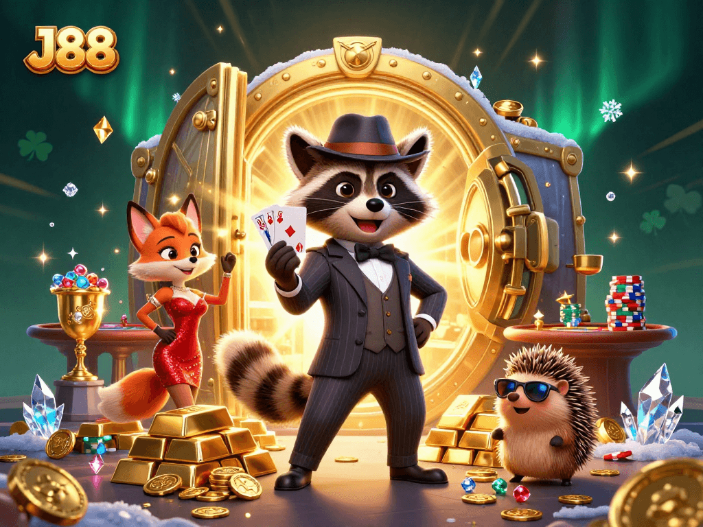 Experience thrilling gaming moments at J88 with a raccoon, fox, and hedgehog in a lively casino scene.