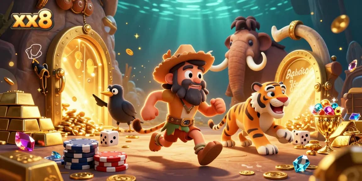 xx8 engaging prehistoric casino scene with caveman and tiger duo surrounded by treasures