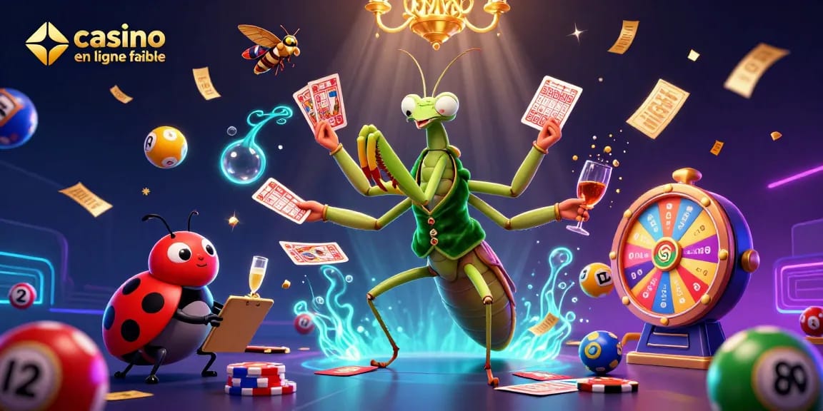 Découvrez les éléments d'un casino en ligne fiable : une scène dynamique avec des jeux et des personnages animés.