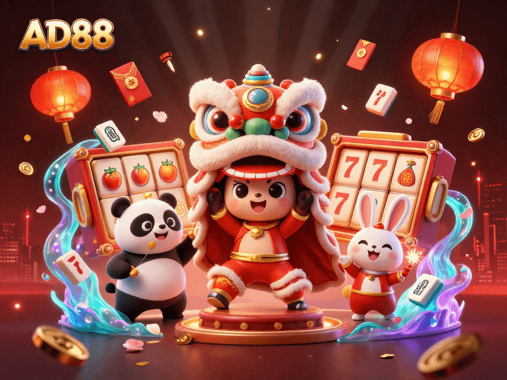 Experience thrilling action at AD88 with vibrant lion dance and festive casino elements.