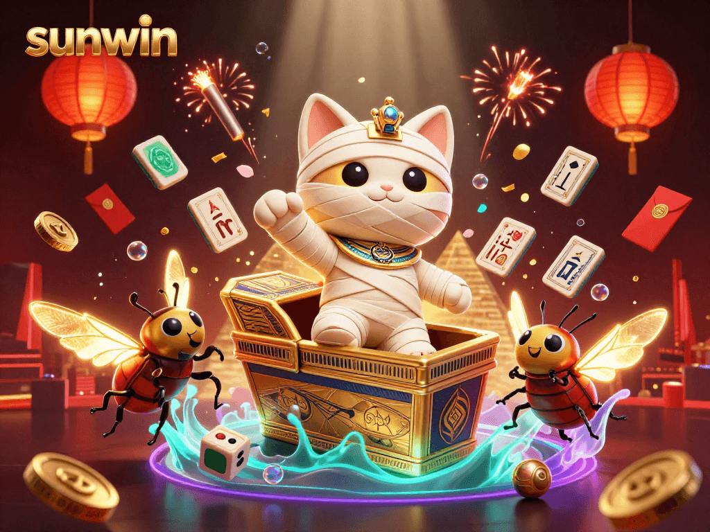 Engage with sunwin in a vibrant casino scene featuring an Egyptian mummy cat and rich game elements.
