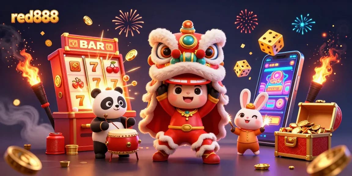 Experience the excitement of red888 with an energetic casino illustration featuring characters and winning symbols.