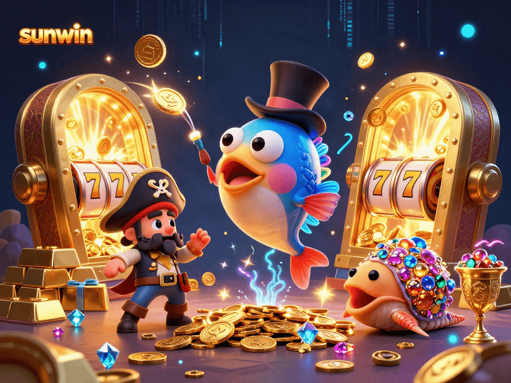 Spin to win with sunwin's vibrant gambling scene featuring cartoon characters and slot game elements.