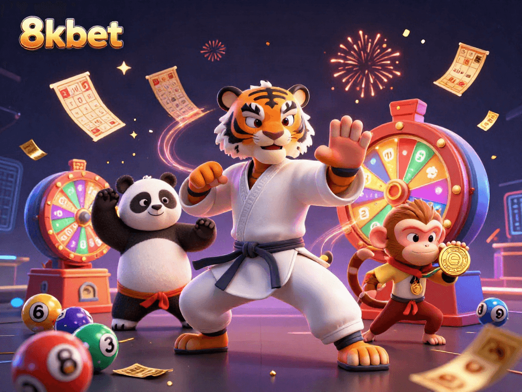 Engage in vibrant gaming with 8kbet's exciting illustrated scene featuring lottery elements and animated characters.