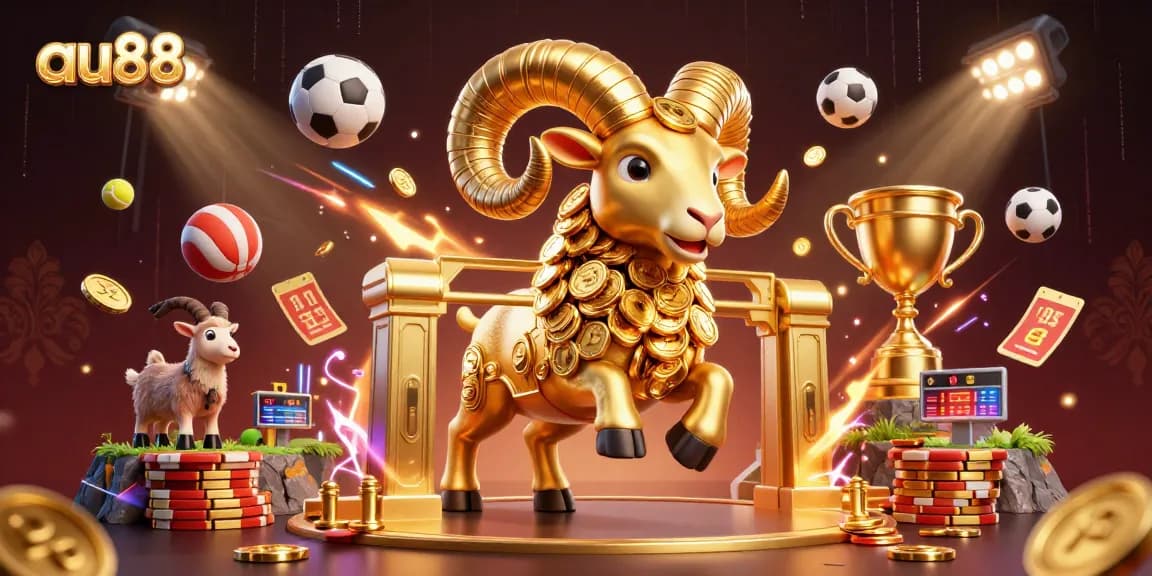 Experience the thrill of gambling at au88 with dynamic 3D elements like sports balls and golden rewards.