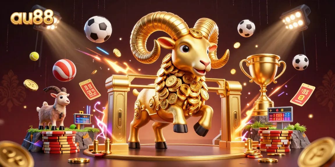 Experience the thrill of gambling at au88 with dynamic 3D elements like sports balls and golden rewards.
