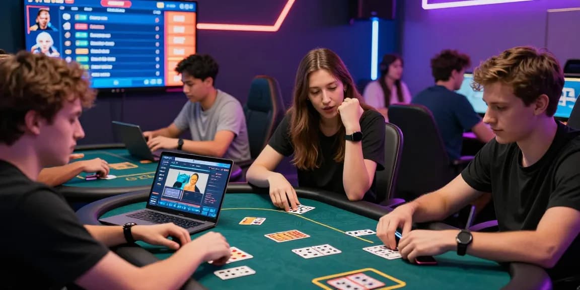 Exciting online gaming scene with diverse players engaged in juraganqq card games in a vibrant digital community.