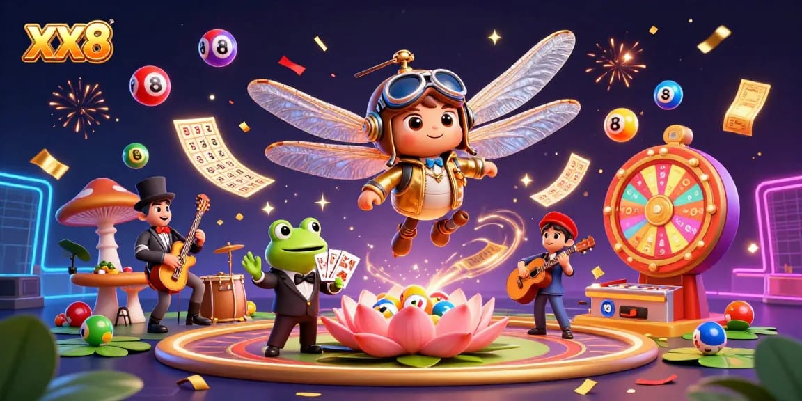 Experience the excitement of XX8 with a vibrant 3D casino illustration featuring lively characters.