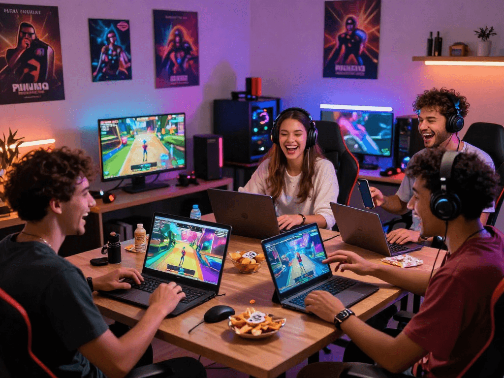 Friends enjoying a multiplayer porn game on laptops and tablets in a colorful gaming environment.