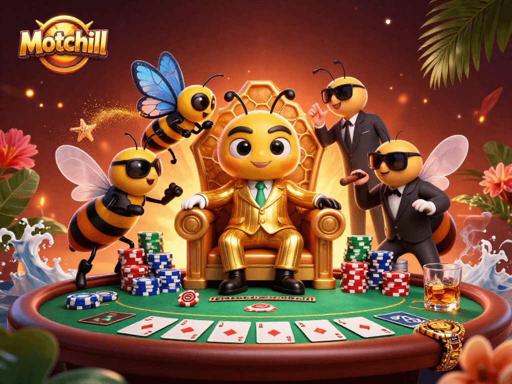 Engage with Motchill's vibrant 3D casino scene featuring a bumblebee mob boss at a dynamic poker table.