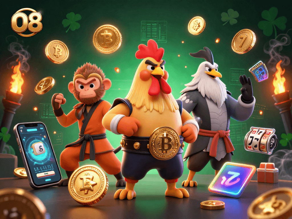 Experience the thrilling O8 casino with vibrant characters and crypto elements in action.