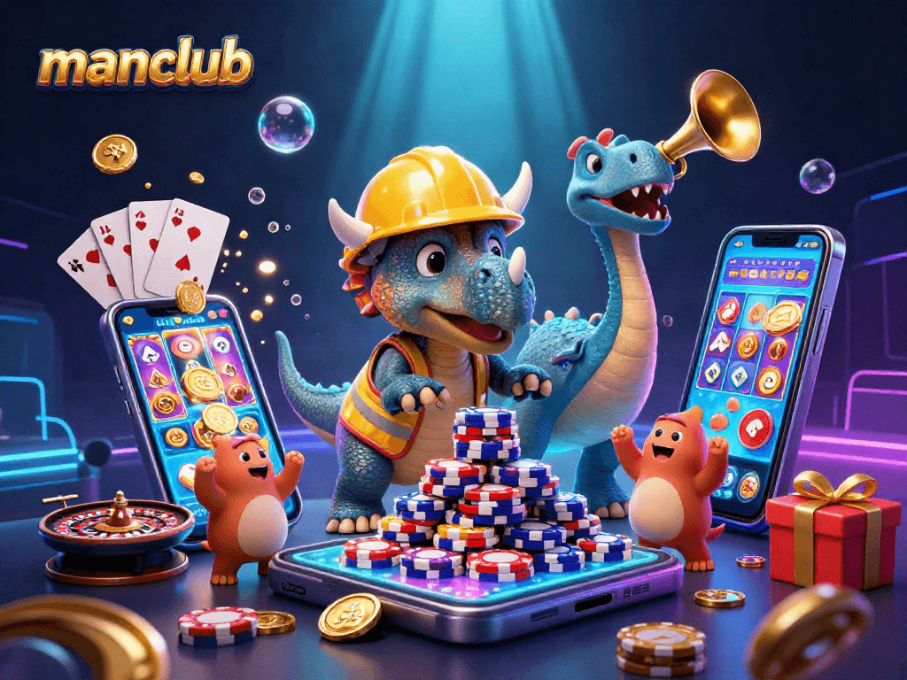 Join the fun with manclub as a playful triceratops builds poker chip towers in this vibrant 3D casino scene.