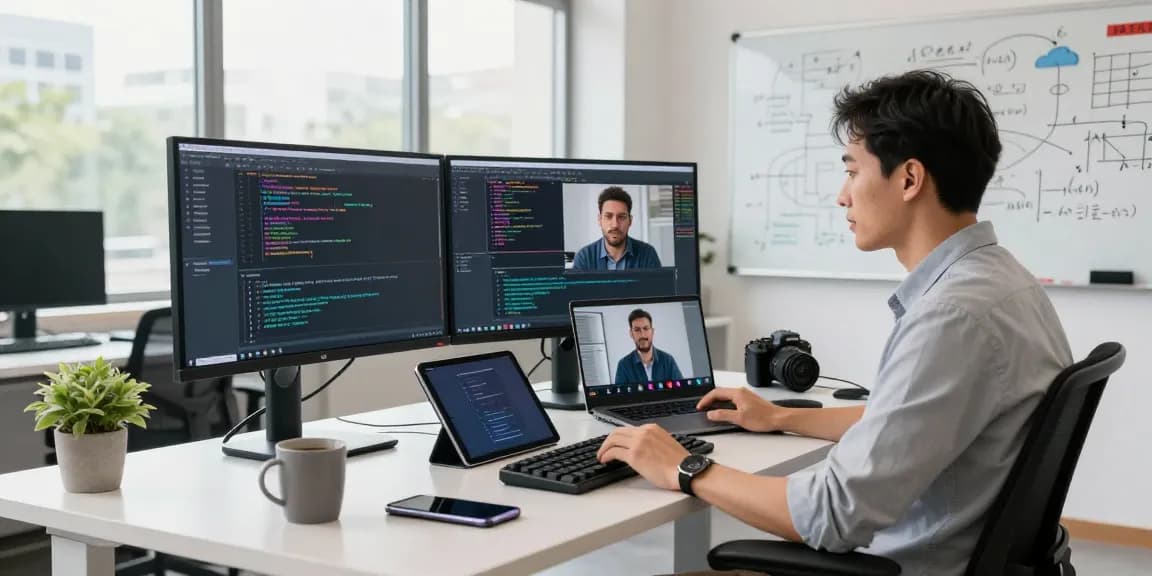 Motchill developer collaborating in a vibrant tech workspace with monitors and natural light.