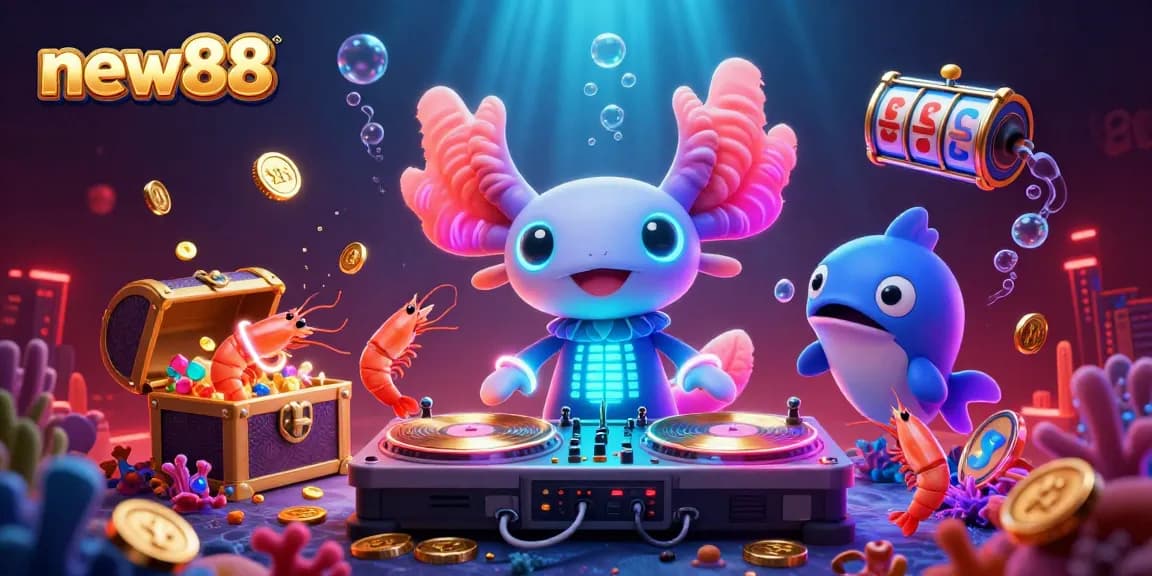 Experience exciting gaming with new88's vibrant underwater casino illustration featuring dynamic characters.