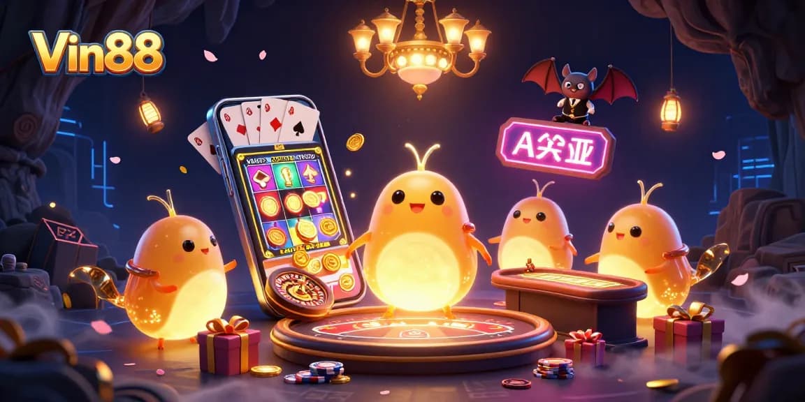 Experience thrilling gameplay at Vin88 with glowing casino elements in this vibrant 3D illustration.