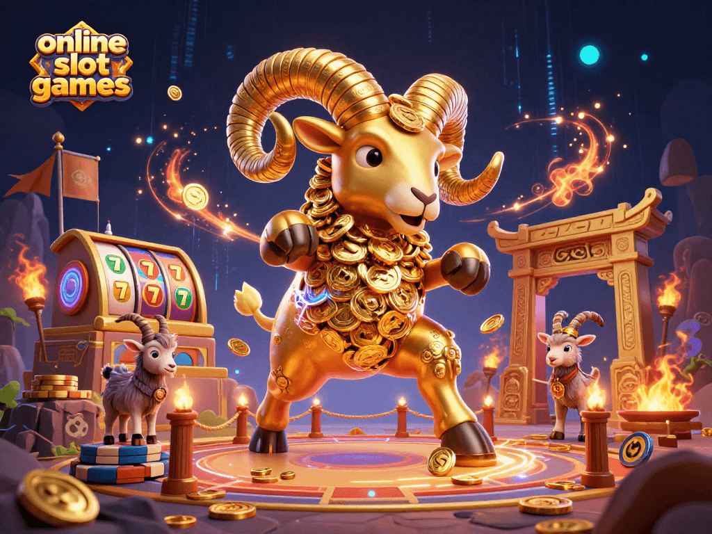 Engage with dynamic online slot games featuring a golden ram amidst vibrant gaming elements.