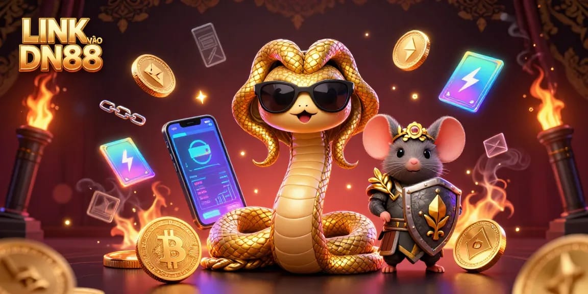 Join the excitement at LINK VÀO DN88 with Medusa and a warrior mouse in a dynamic casino scene.