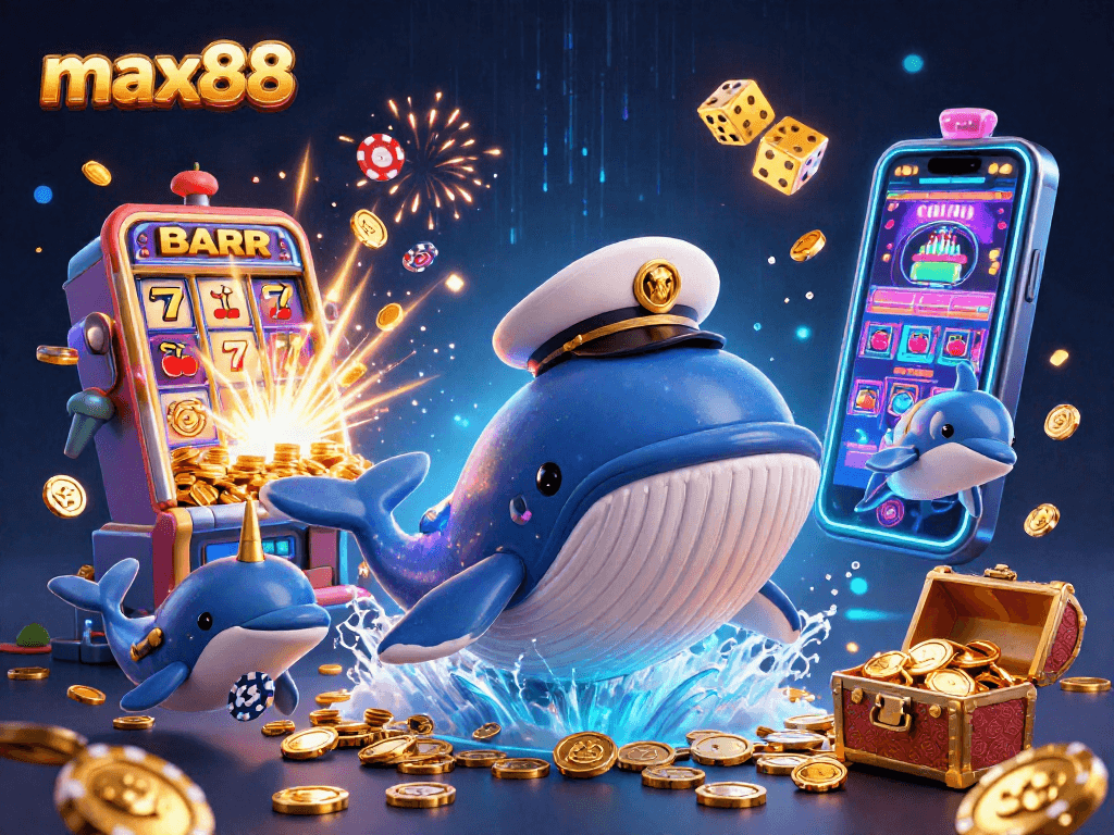 Experience max88 with thrilling slot machines, a captain whale, and playful dolphins in action.