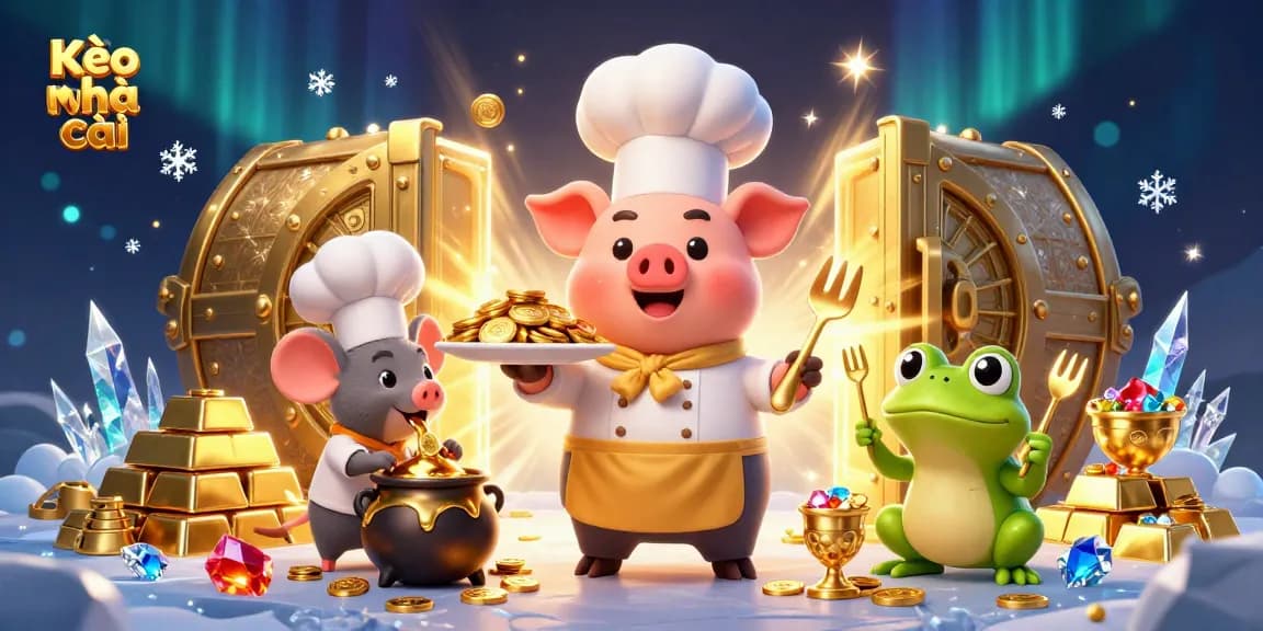 Experience Kèo nhà cái excitement with a lively scene featuring cartoon chef pig, mouse, and frog amidst gold treasures.