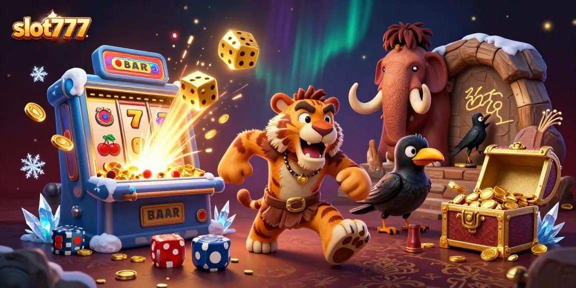 Experience thrilling wins with slot777 as characters enjoy prehistoric casino fun!