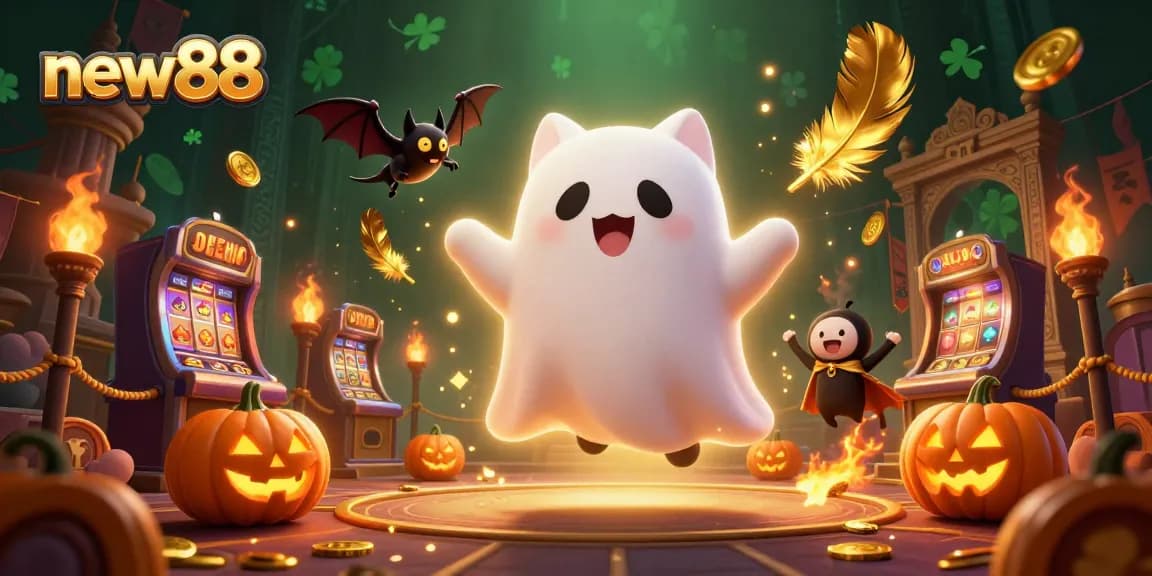 Experience the thrilling games on new88 with our entertaining ghost cat in a haunted casino scene.